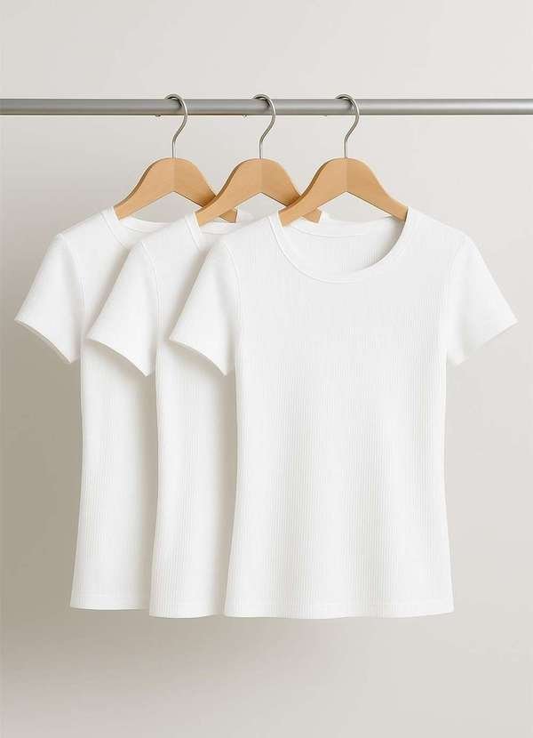 Kit 3 Blusas Básicas Manga Curta Canelada Branco