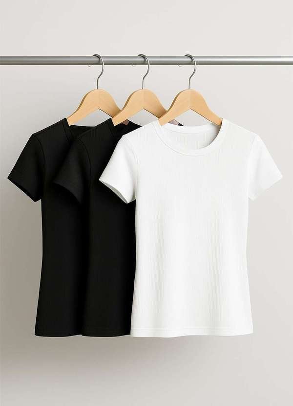 Kit 3 Blusas Básicas Manga Curta Canelada Preto