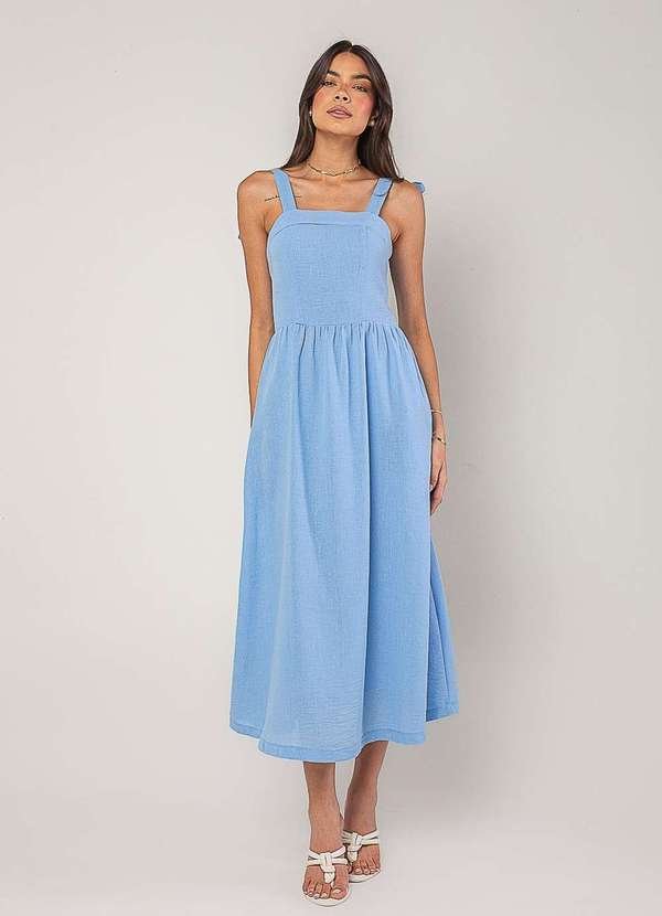 Vestido Alfaiataria Midi com Alças Largas e Amarração Azul