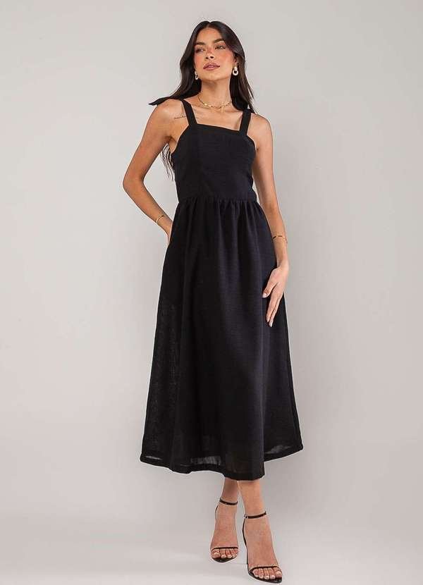 Vestido Alfaiataria Midi com Alças Largas e Amarração Preto