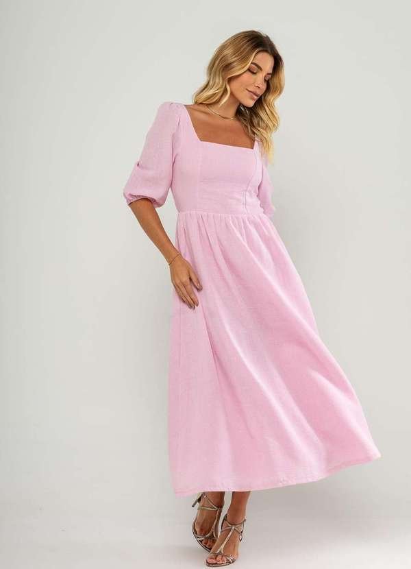 Vestido Longo com Decote Reto e Manga Bufante 3/4 Rosa