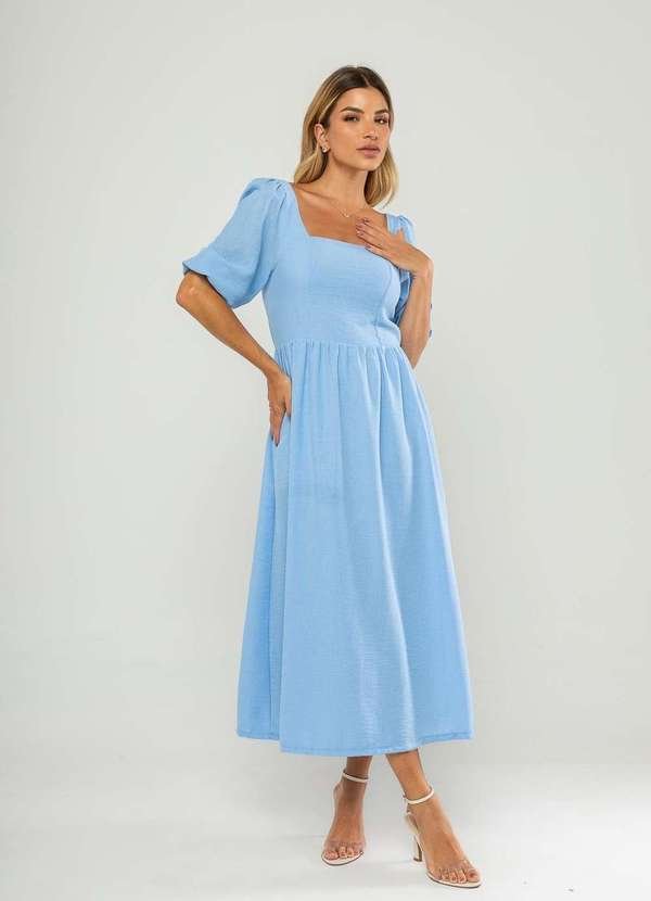 Vestido Longo com Decote Reto e Manga Bufante 3/4 Azul