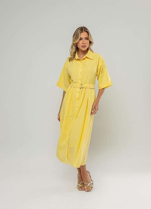 Vestido Midi Chemise com Cinto Amarelo