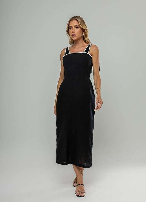 Vestido Midi com Alças de Amarração e Acabamento Contrastante Preto