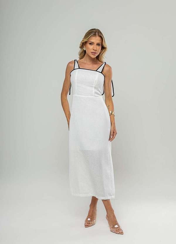 Vestido Midi com Alças de Amarração e Acabamento Contrastante Branco
