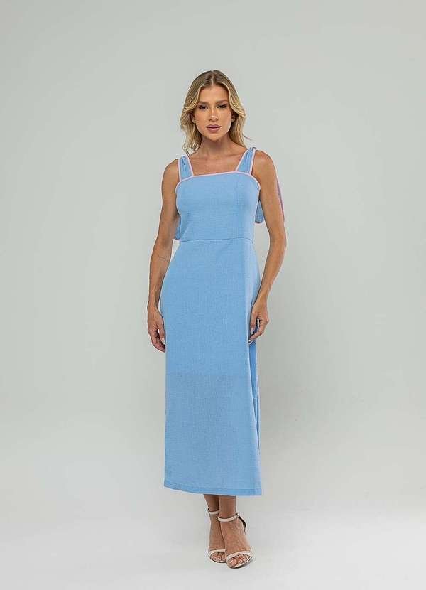 Vestido Midi com Alças de Amarração e Acabamento Contrastante Azul