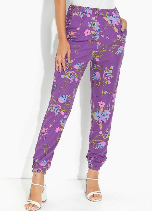 Imagem principal Calça Floral Roxo com Bolsos Funcionais Moda Pop Moda Pop