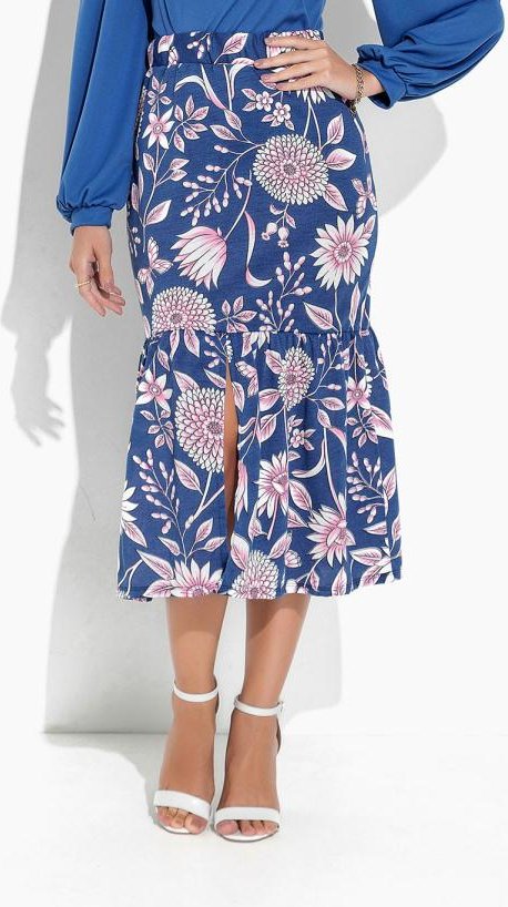 Saia Floral Azul com Fenda
