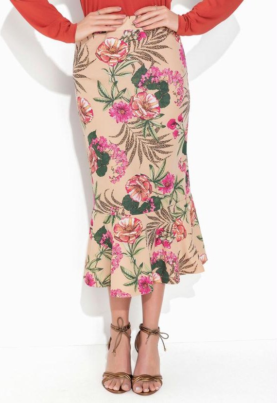 Saia Floral Nude com Babado