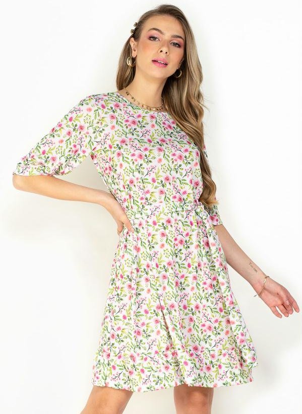 Imagem principal Vestido Floral Branco com Faixa para Amarrar Moda Pop Moda Pop