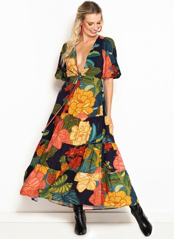 Vestido Longo de Viscose Tapeçaria Botânica Marinho