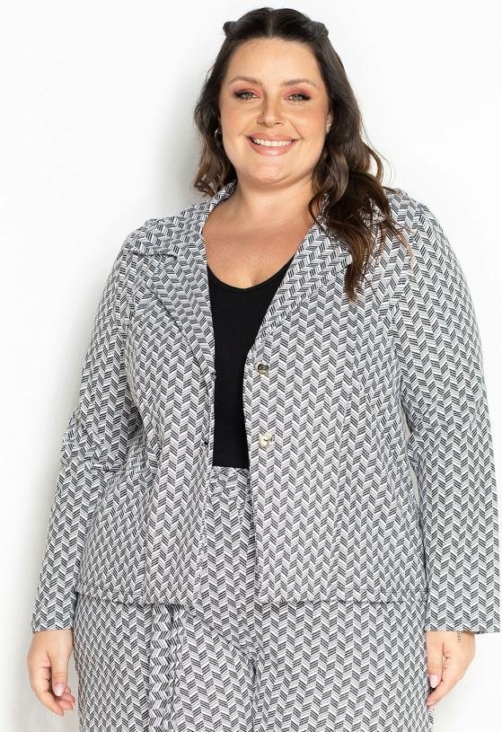 Blazer Abstrato Branco com Botões Plus Size