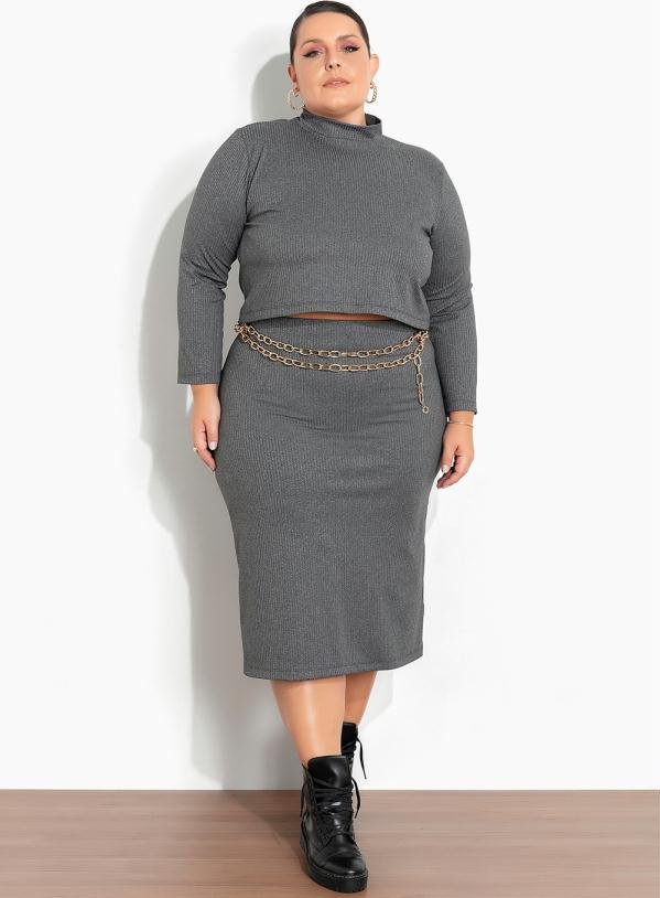 Conjunto Chumbo Blusa e Saia em Ribana Plus Size