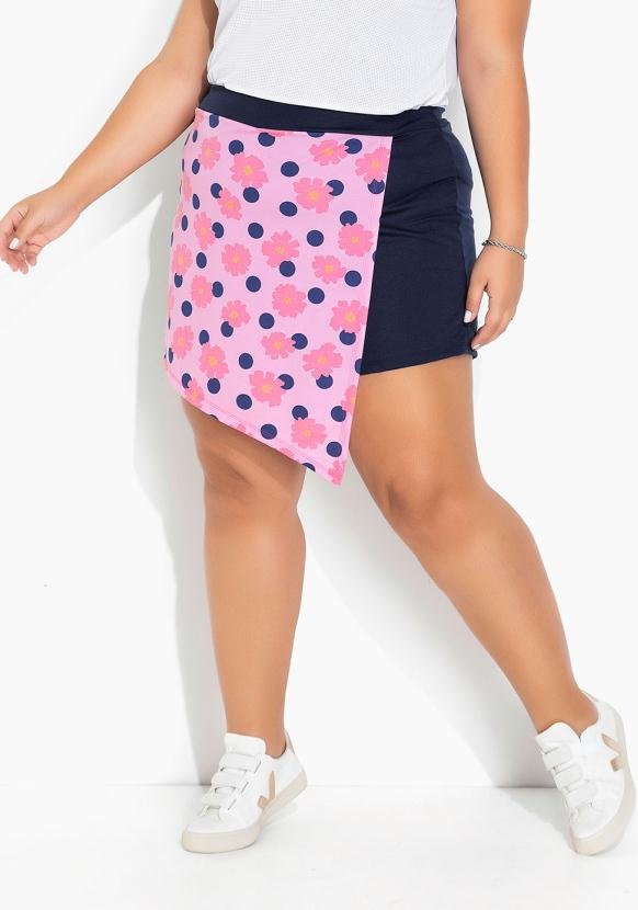 Short-Saia Azul e Floral Sobreposição Plus Size