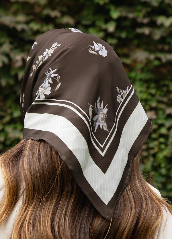 Lenço Barrado Floral 2 em 1 Marrom e Aveia Graziella