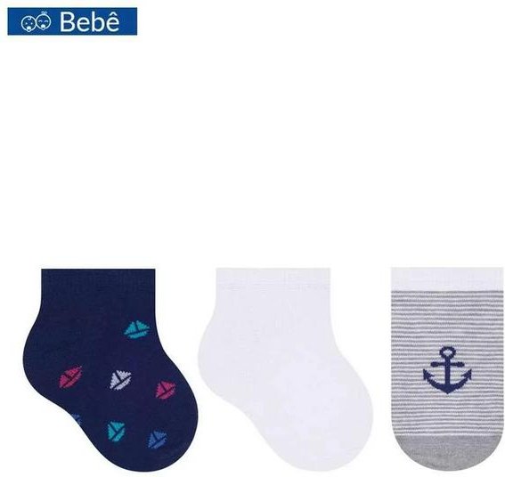 Kit 3 pares de Meias Bebê Cano Curto Selene 1360-002 999-Marinho-Branco-Cinza