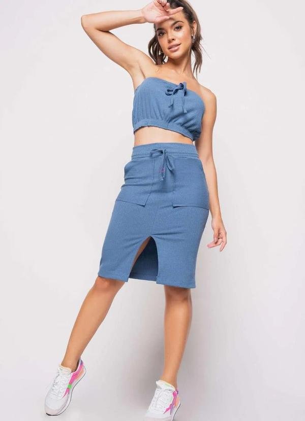 Saia Midi com Bolso Malha Canelada Fashion Azul