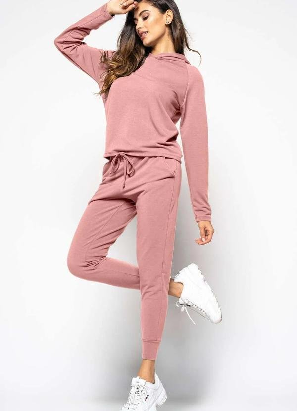Conjunto de Moletinho Feminino com Casaco Capuz e Calça Jogger Rosa