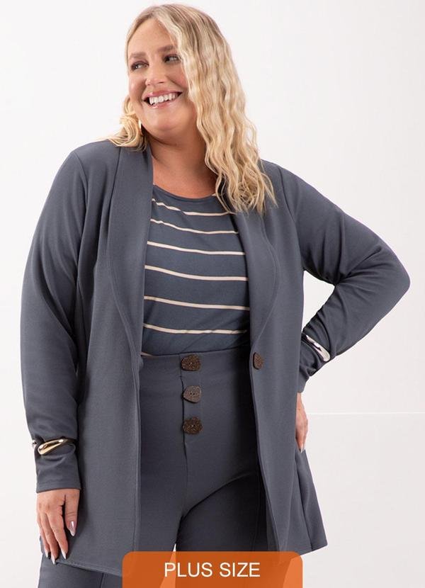 Blazer Alongado com Botão em Malha Diagonal Azul