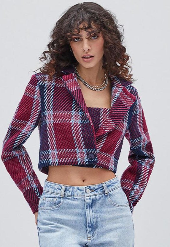 Blazer Cropped Xadrez de Tweed Vermelho