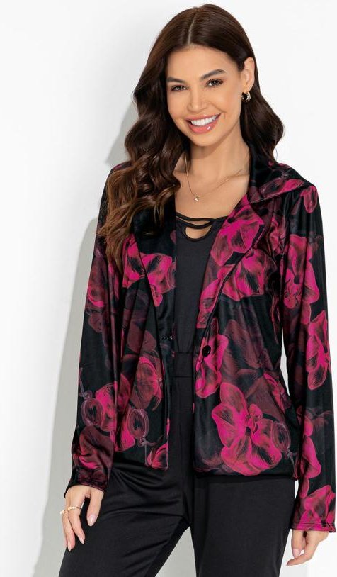 Blazer Floral Preto com Fechamento em Botão