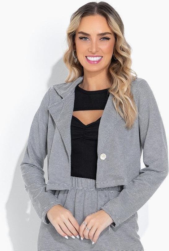 Blazer Listrado Cinza com Botões Funcionais