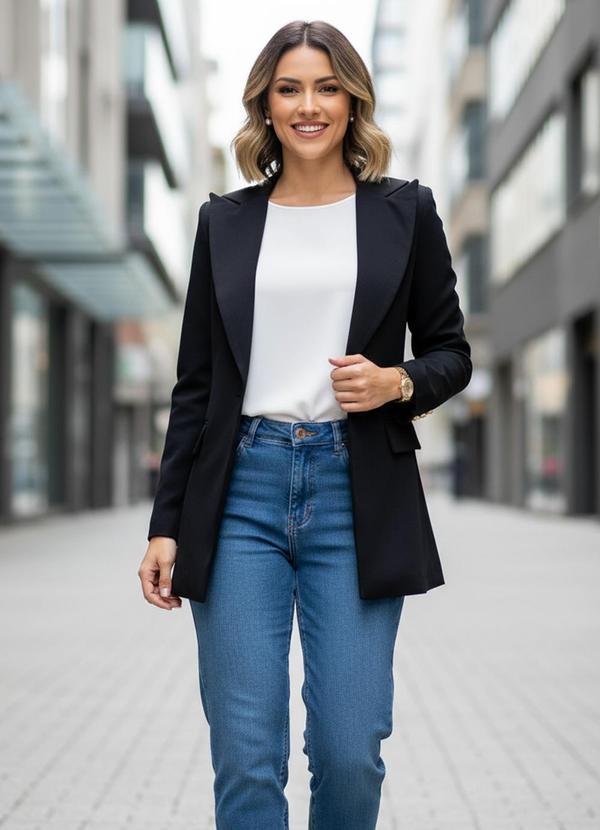 Blazer Preto em Crepe Plano Forrado