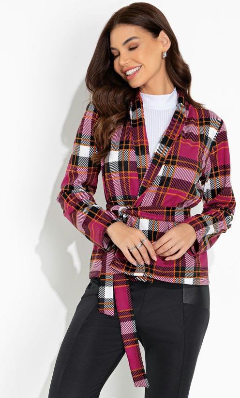 Blazer Xadrez Rosa com Gola e Faixa