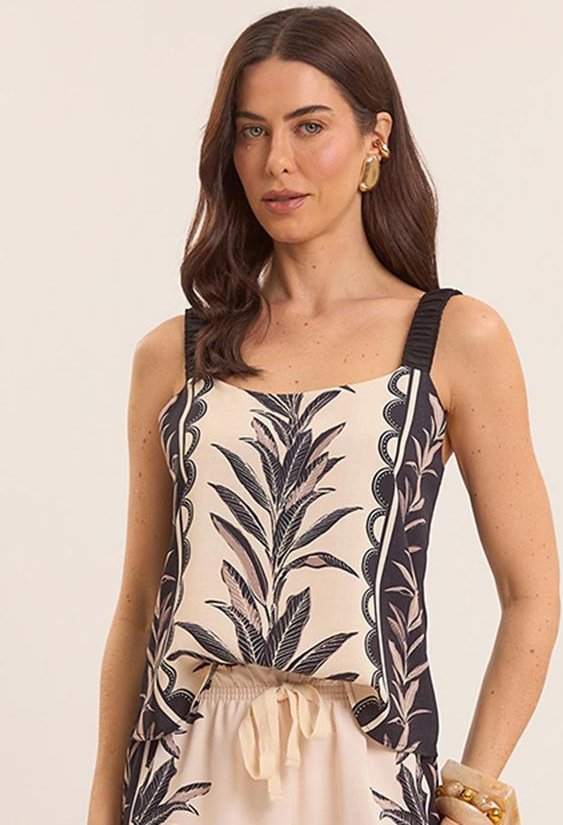 Blusa de Alça Tropical Estampada Preto