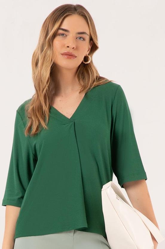 Blusa com Decote em V e Mangas 3/4 Crepe Verde