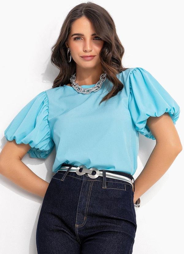 Blusa Azul Claro Balonê em Crepe Plano