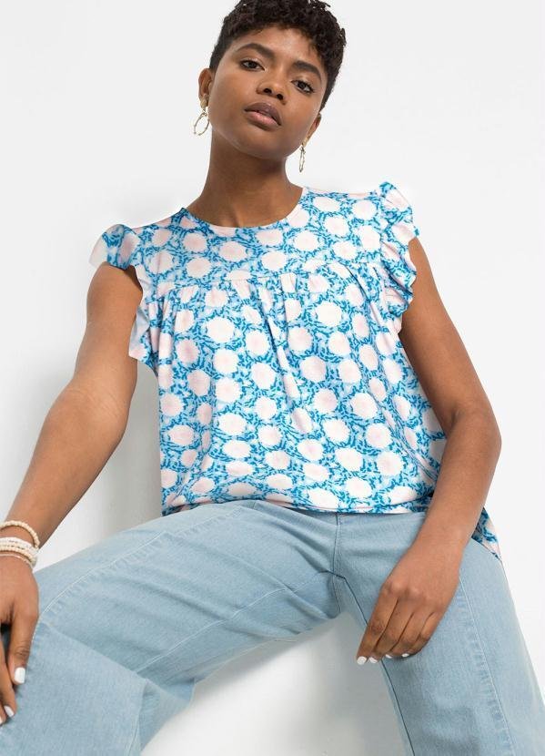 Imagem principal Blusa com Babado Decote Redondo Floral Azul bonprix bonprix