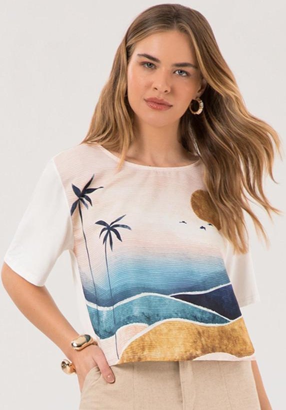 Blusa Cropped com Frente Estampada Branco