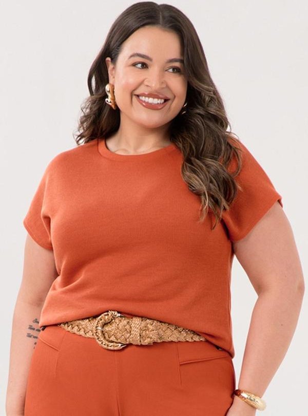 Blusa de Mangas Curtas Plus Size Tricô Laranja
