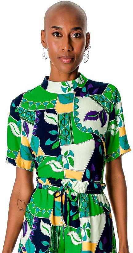 Blusa Estampada com Gola Dupla Feminina Verde