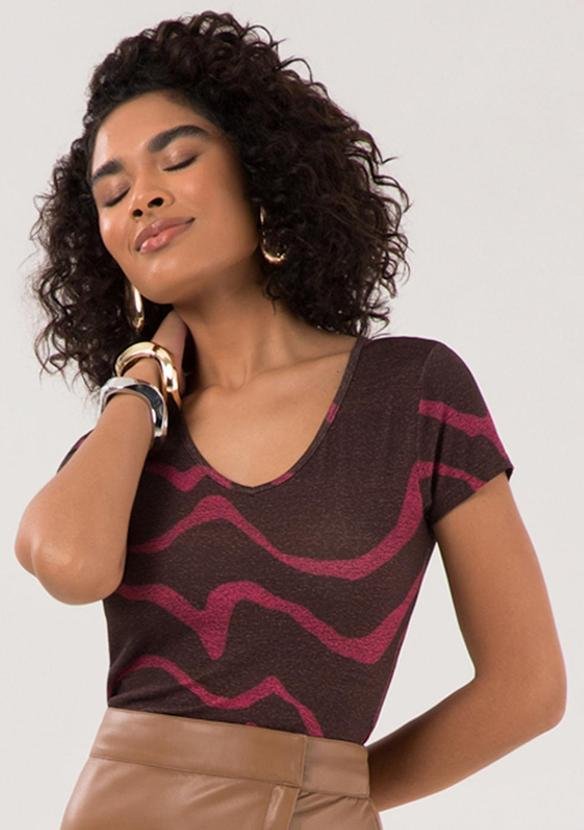 Blusa Estampada D com Decote em V Marrom