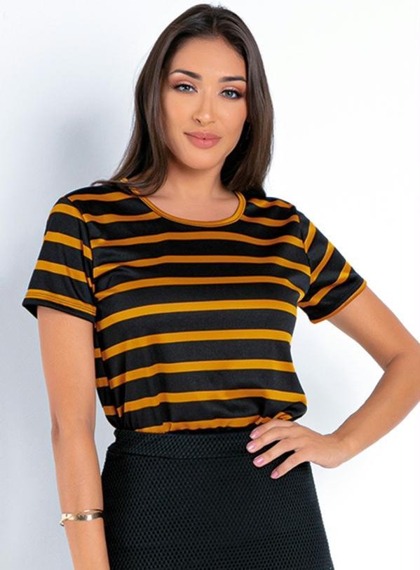 Blusa Listrada Caramelo com Mangas Curtas
