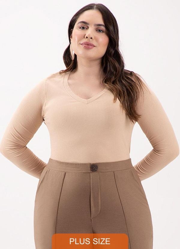 Blusa Canelada com Decote em V Bege