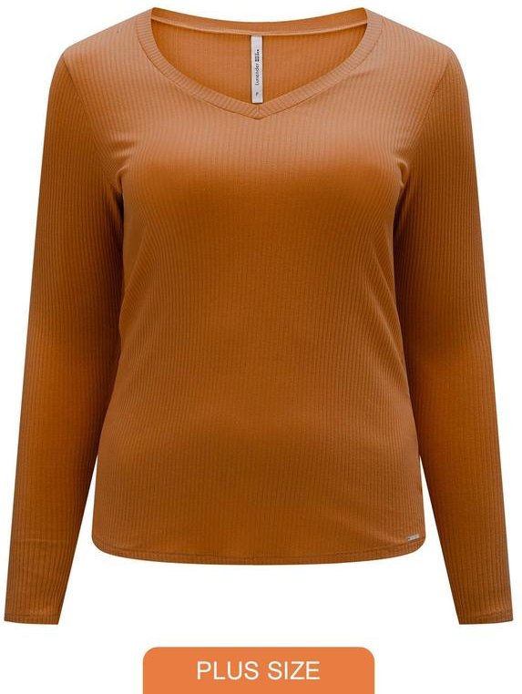 Blusa Canelada com Decote em V Laranja