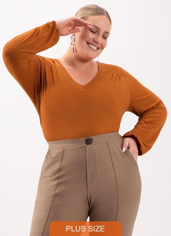 Blusa com Punhos Elásticos e Decote em V Laranja