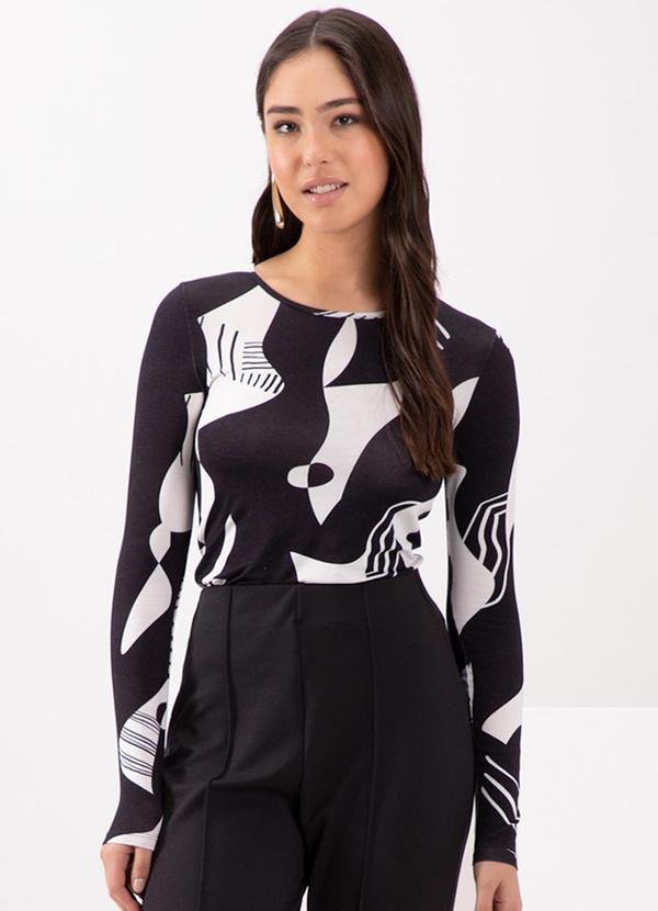 Blusa Decote Redondo em Malha Estampada Preto