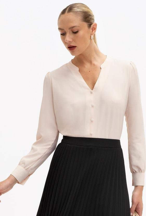 Blusa Manga Longa em Crepe Adriana Bege