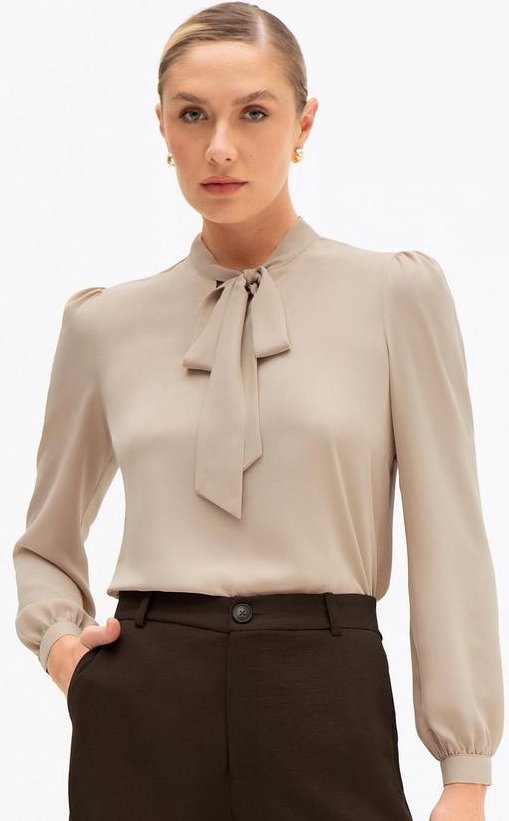 Blusa Manga Longa Gola Laço Bege Gabriella