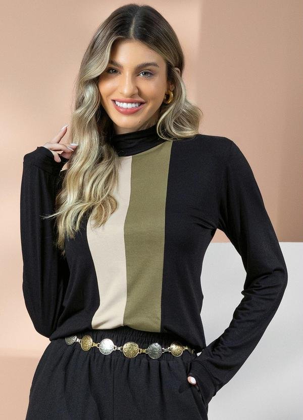 Imagem principal Blusa Preta/Verde/Bege com Recortes e Gola Alta Quintess Quintess