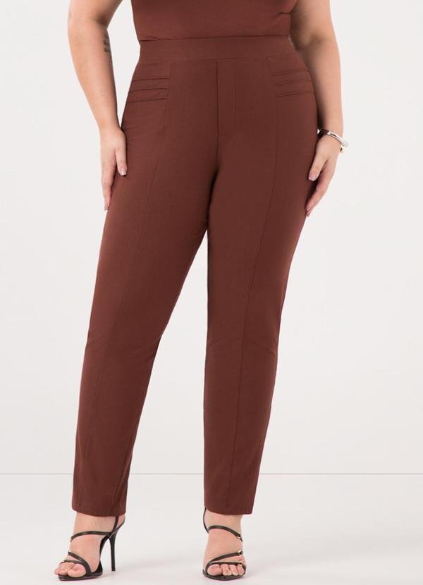 Calça Reta com Cós Elástico Diagonal Marrom