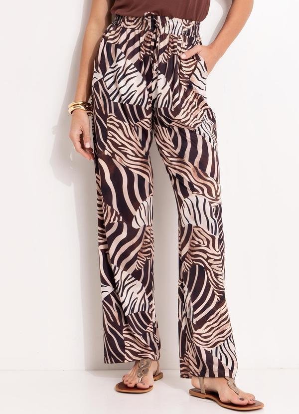 Calça Reta Animal Print em Malha Fria com Elástico na Cintura