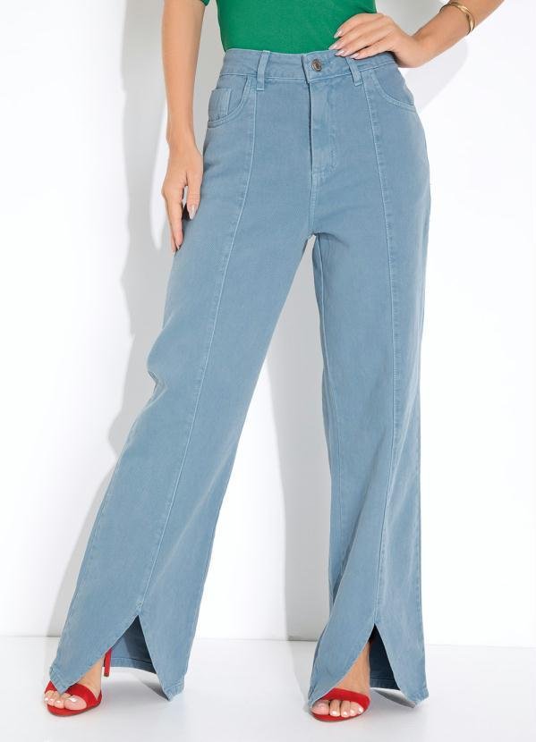Calça Azul Wide Leg com Fendas Sawary