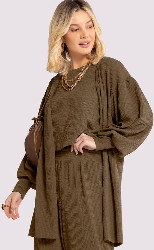 Imagem principal Cardigan Alongado Texturizado com Manga Bufante Marrom Lunender Lunender