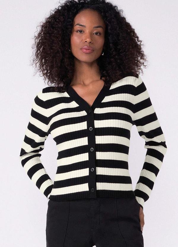 Cardigan Feminino Listrado Tricot Preto