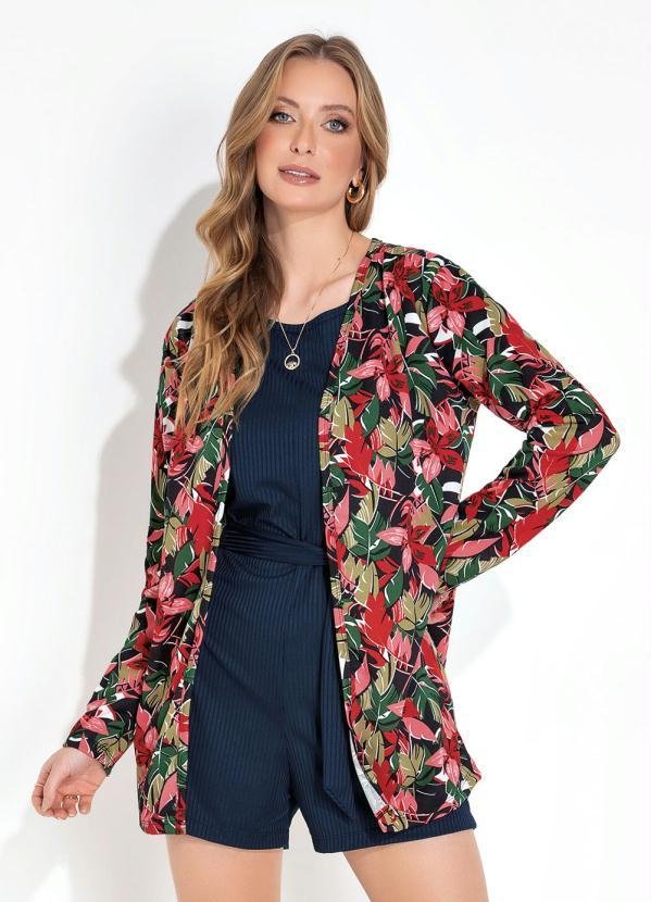 Cardigan Floral Vermelho com Manga Longa